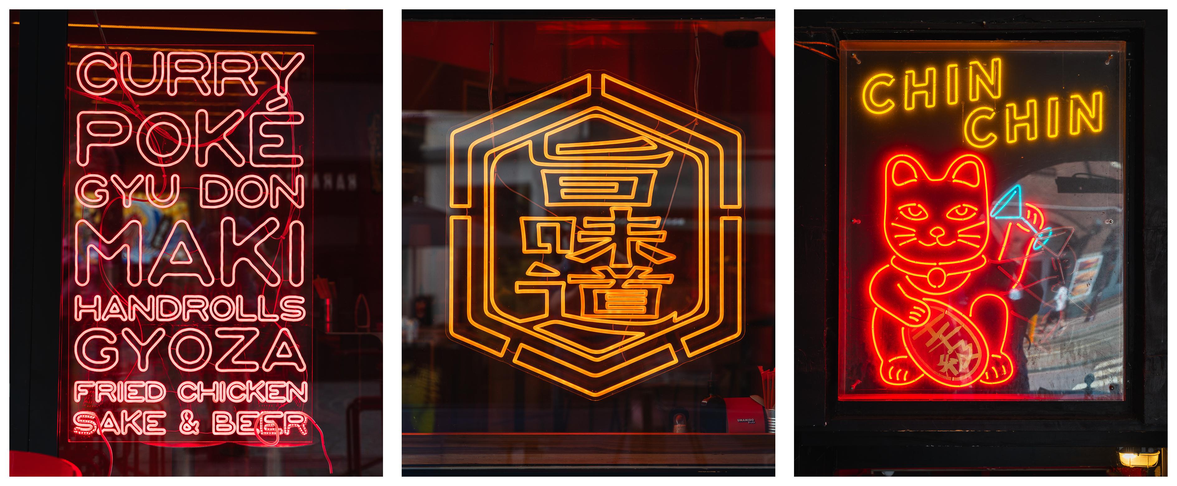 Tryptichon mit drei Leuchtreklamen von Asiatischen Restaurants.